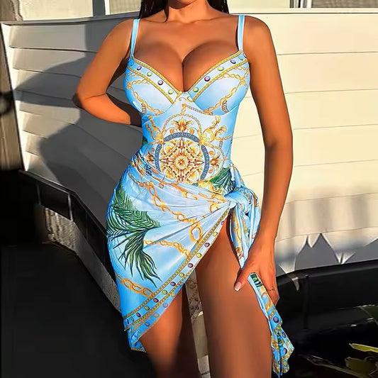 Blue and Gold Chain 1 Piece Bathingsuit And Sarong