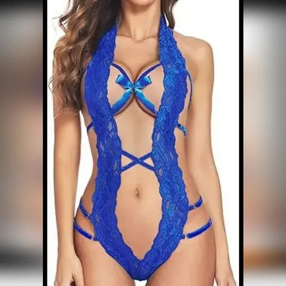 Blue Deep V Halter Lace Lingerie Teddy One Piece