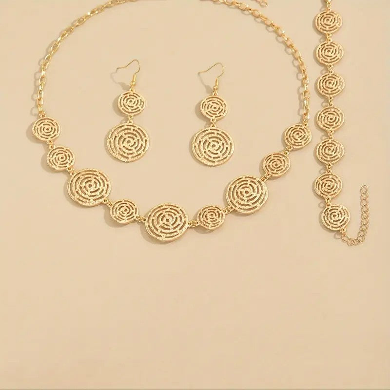 Stylish Spiral Large Round Link Bracelet, Necklace, and Earring