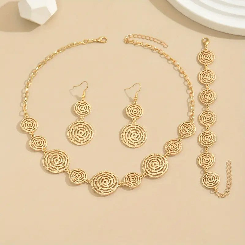 Stylish Spiral Large Round Link Bracelet, Necklace, and Earring