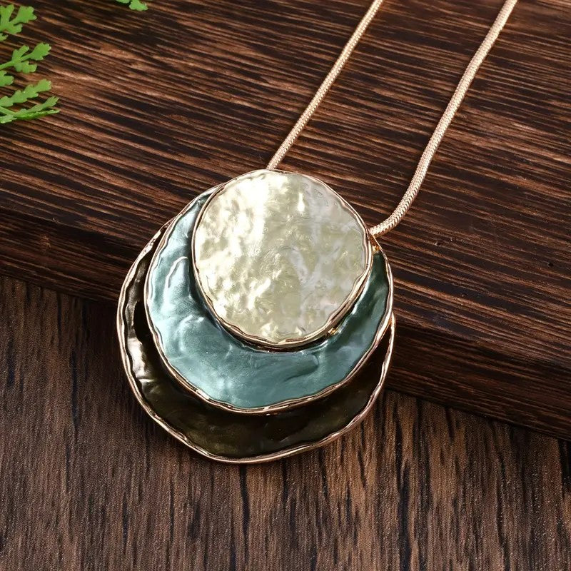 Vintage Boho Jewelry Setl Multilayer Round Pendant Necklace and Earrings