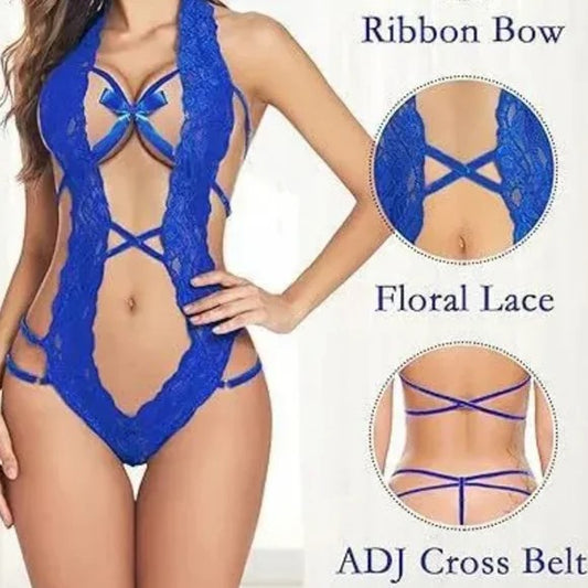 Blue Deep V Halter Lace Lingerie Teddy One Piece
