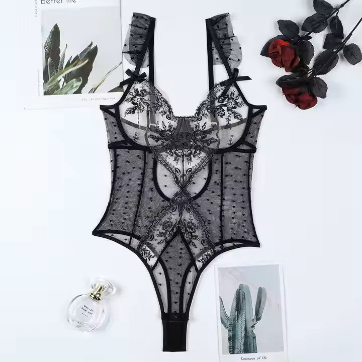 Black Lace Flowers Embroidered Polka Dot See Through