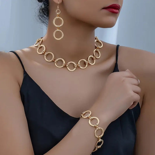 Foxy Hollow Circle Design Dangle Earrings, Bracelet, and Necklace