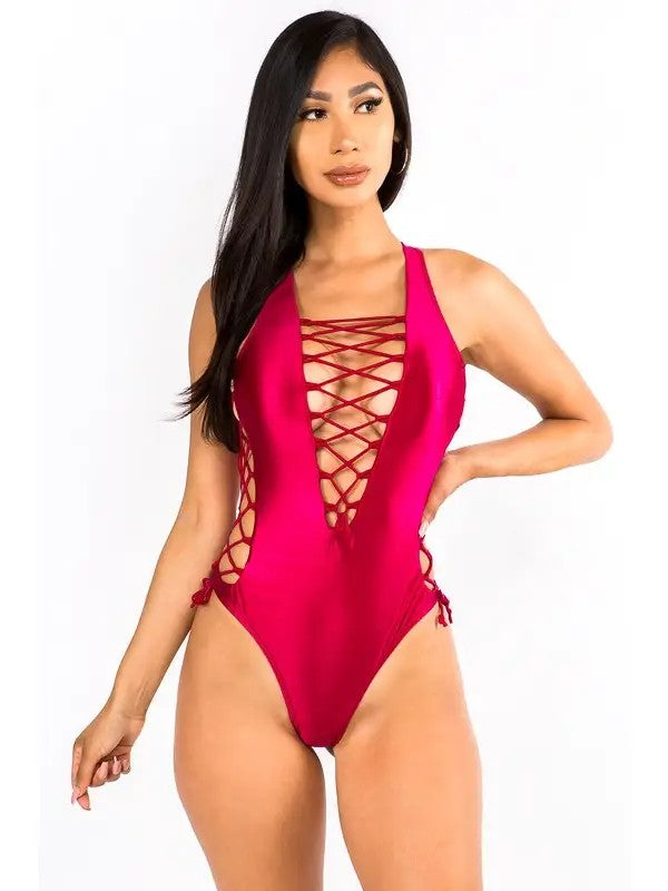 Red Lace Up Cross Halter Swimsuit
