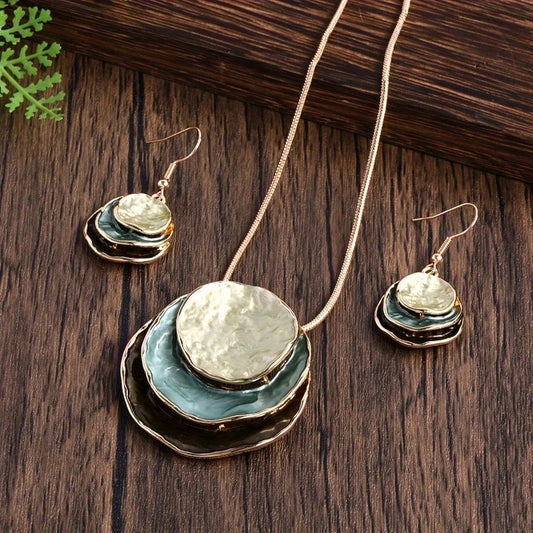 Vintage Boho Jewelry Setl Multilayer Round Pendant Necklace and Earrings