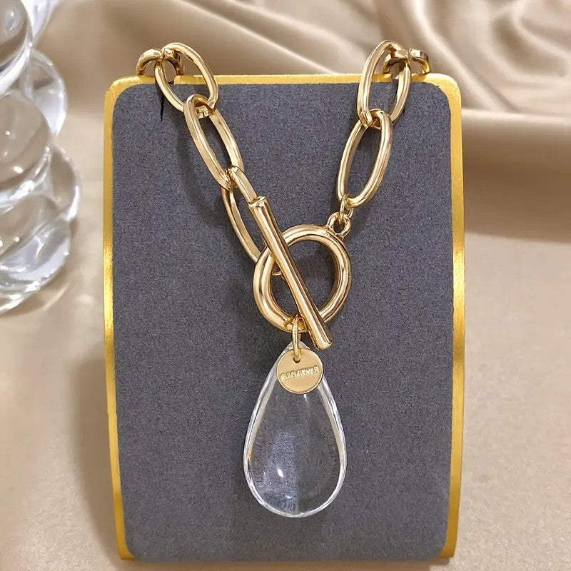 Button Drop Necklace with Teardrop Pendant