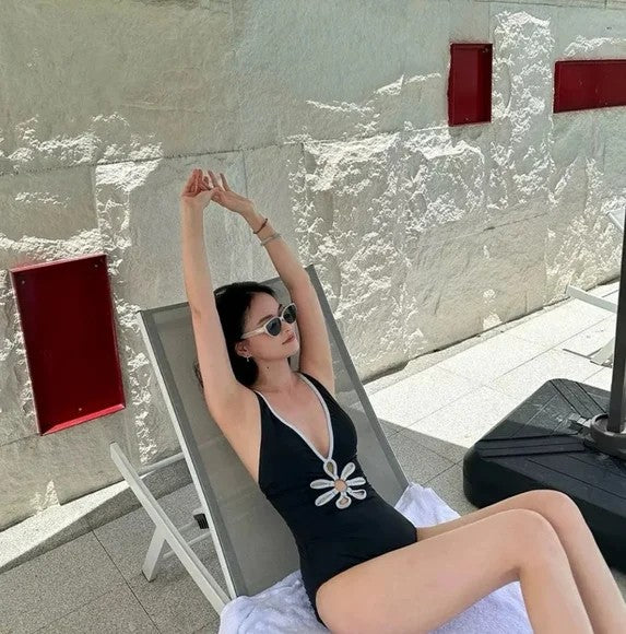 Stylish Black and White CutOut One Piece Swimsuit