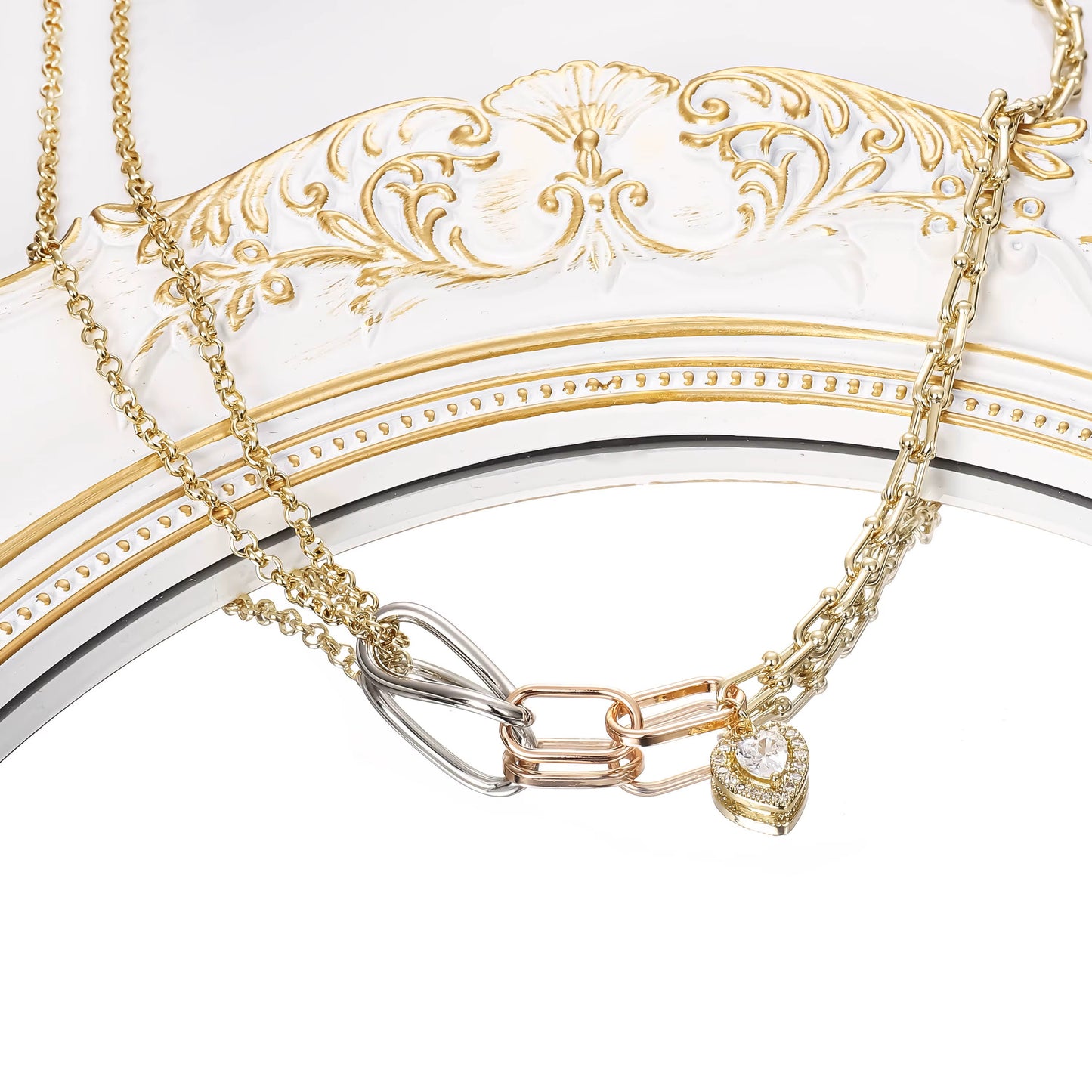 14K White Gold Rose Gold Plated Tri-Color Necklace