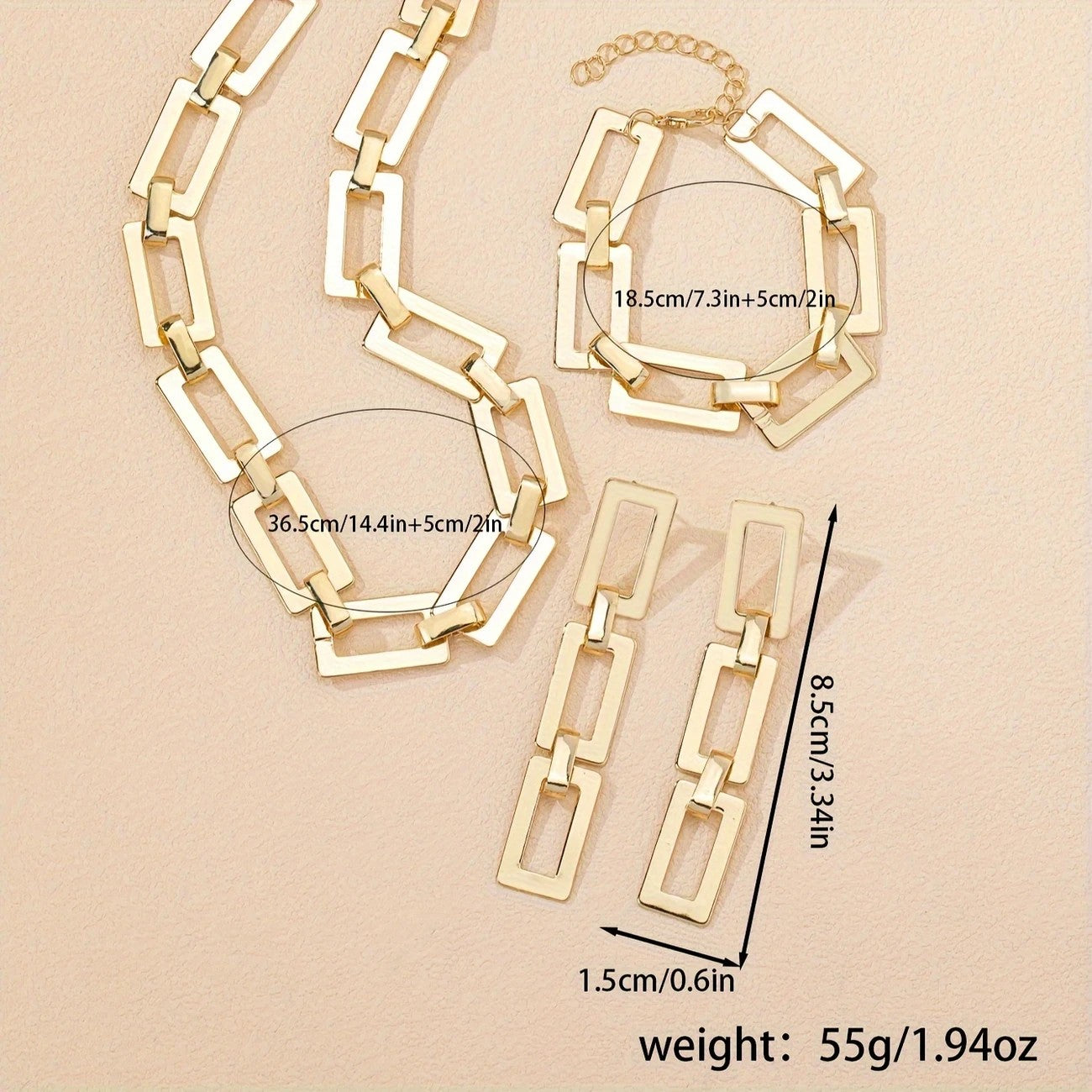 3 Piece Retro Chain  Necklace, Bracelet and Earrings