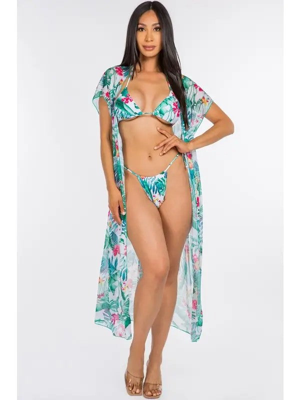 3pcs Tropical Green Bikini and Wrap Skirt Set