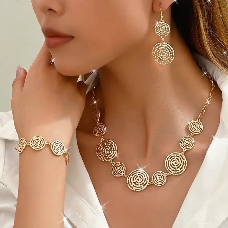 Stylish Spiral Large Round Link Bracelet, Necklace, and Earring