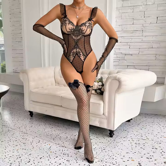 Black Lace Flowers Embroidered Polka Dot  See Through