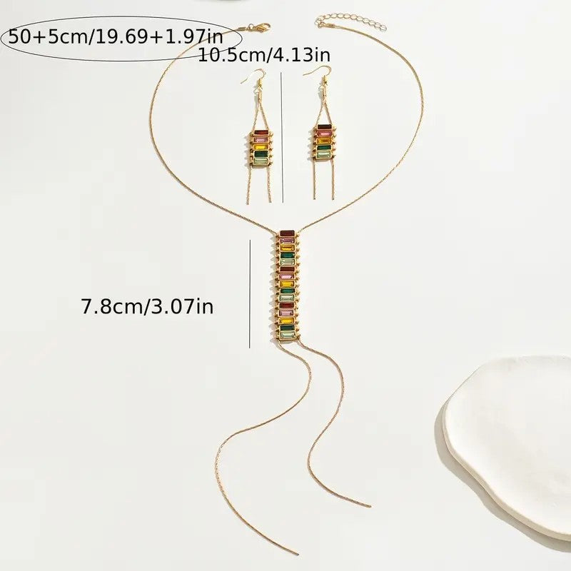 3 piece Elegant Y-Shaped Necklace with Colorful Rhinestone Accents & Dangling Earrings