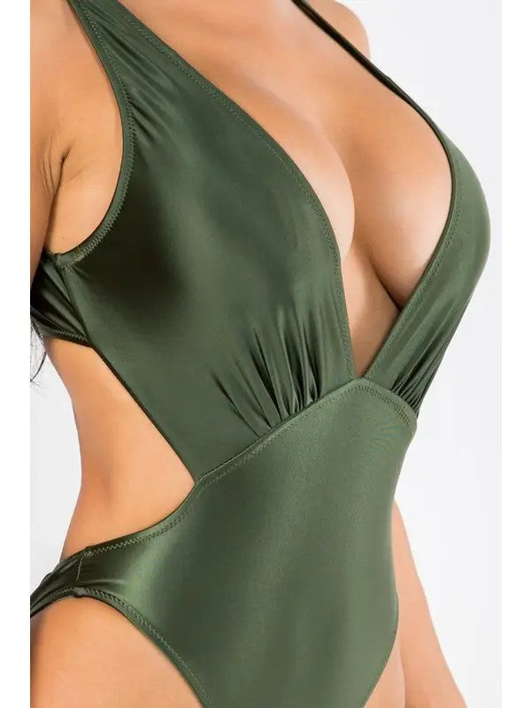 Olive Satin Feel Deep V-Neck Halter Solid Swimsuit