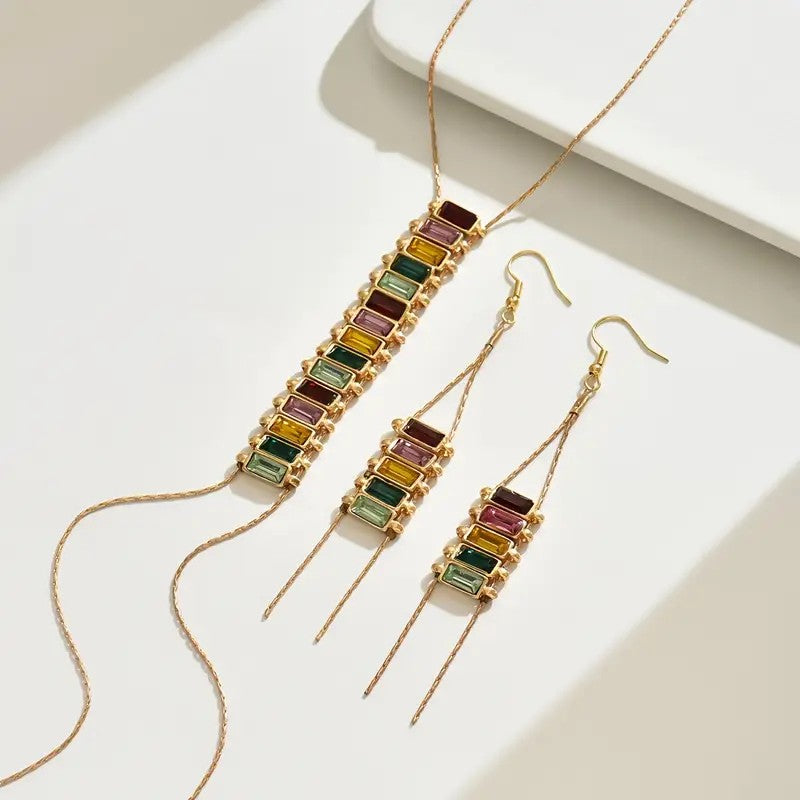 3 piece Elegant Y-Shaped Necklace with Colorful Rhinestone Accents & Dangling Earrings