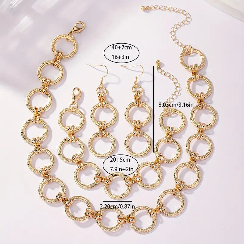 Foxy Hollow Circle Design Dangle Earrings, Bracelet, and Necklace
