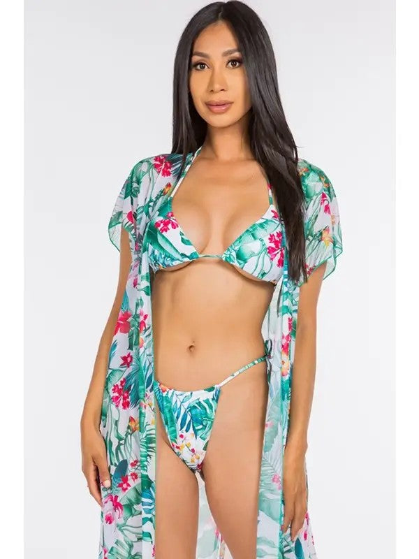 3pcs Tropical Green Bikini and Wrap Skirt Set