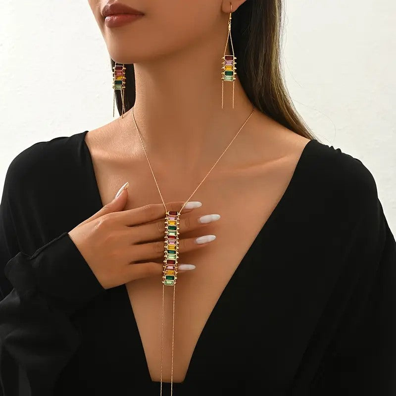 3 piece Elegant Y-Shaped Necklace with Colorful Rhinestone Accents & Dangling Earrings