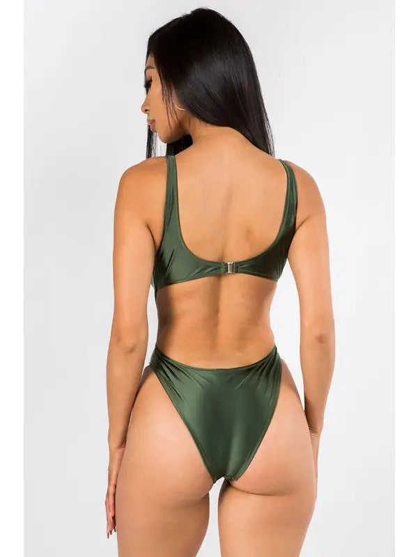 Olive Satin Feel Deep V-Neck Halter Solid Swimsuit