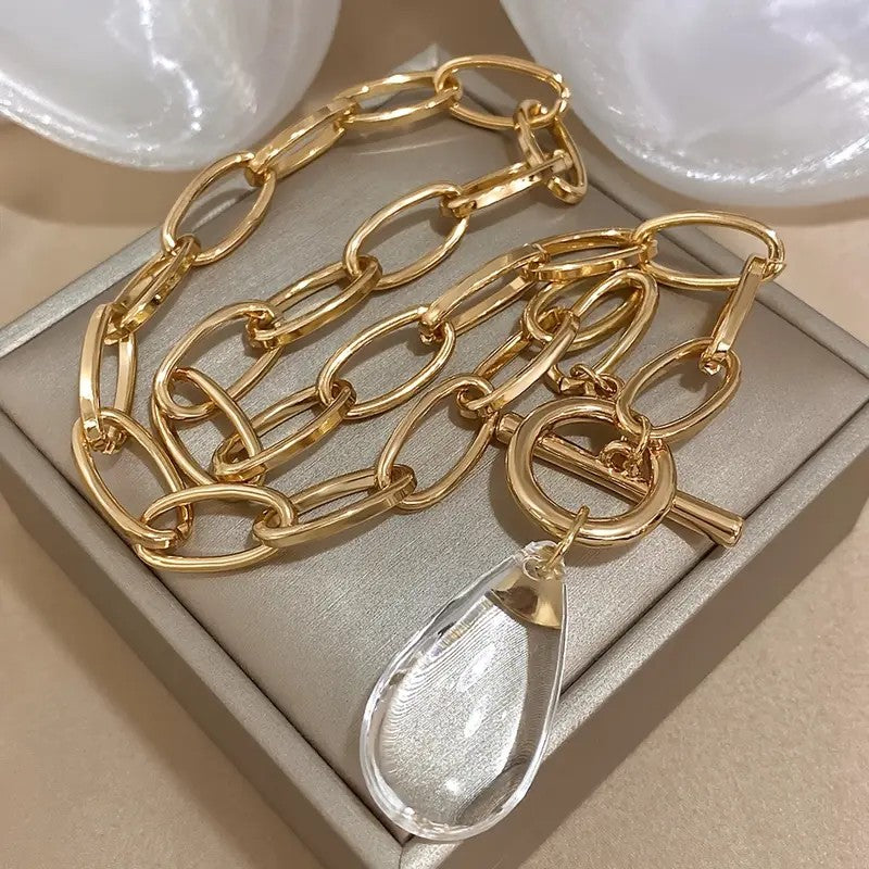 Button Drop Necklace with Teardrop Pendant