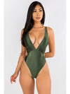 Olive Satin Feel Deep V-Neck Halter Solid Swimsuit